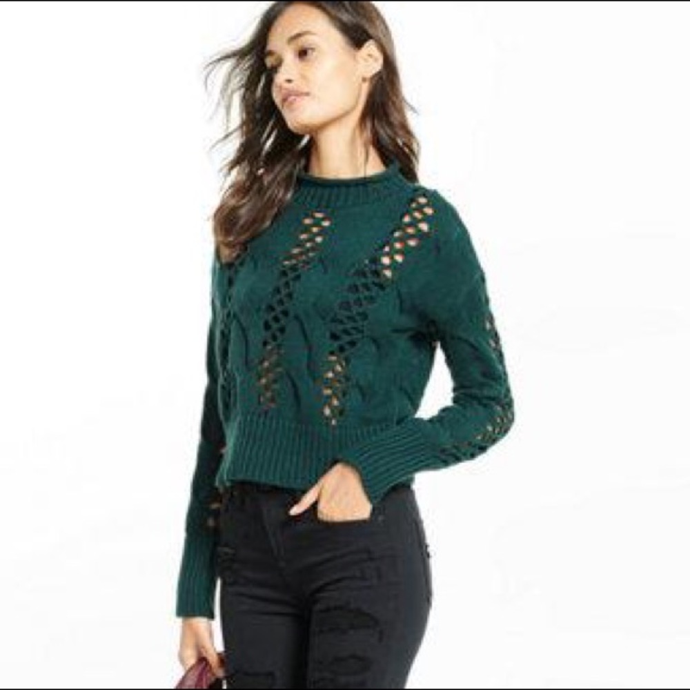 Express Crochet Cable Knit Mock Neck Crop Sweater
